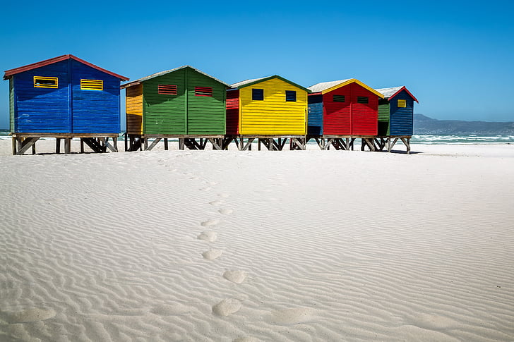 Muizenberg, Beach house, kabinok, homok, Beach, Afrika, Dél-Afrika