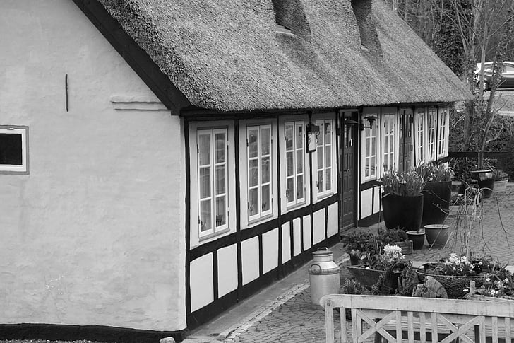 kro, thatched, black and white, timber frame, building exterior, built structure, architecture