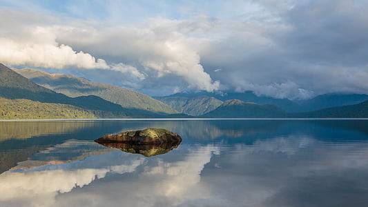 Jezioro kaniere, Nowa Zelandia, Jezioro, po południu, Alpy Południowe, Wyspa Południowa, refleksje
