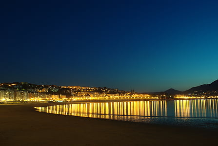the concha bay, san sebastian, lights, highlights, night, sea, dusk