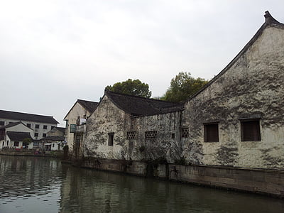 Jiangnan, tekošu ūdeni, kluss, vecā māja, vecais, arhitektūra, vēsture