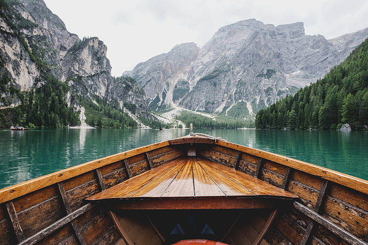brown, boat, body, water, mountain, trees, background