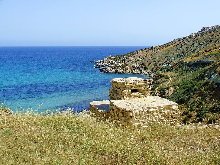 coast, view, rugged, rocks, sea, gate, stone wall