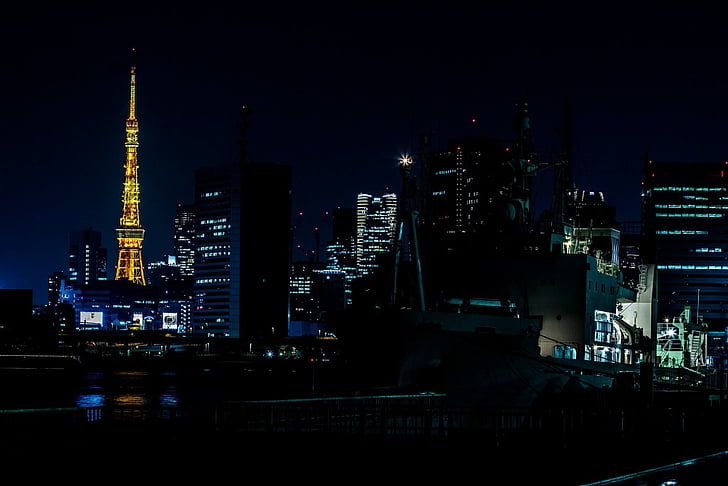 Tokyo tower, noční zobrazení, oranžová, loď, Harumi