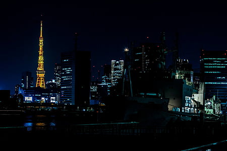 Tokyo tower, nakts skatu, oranža, kuģis, Harumi