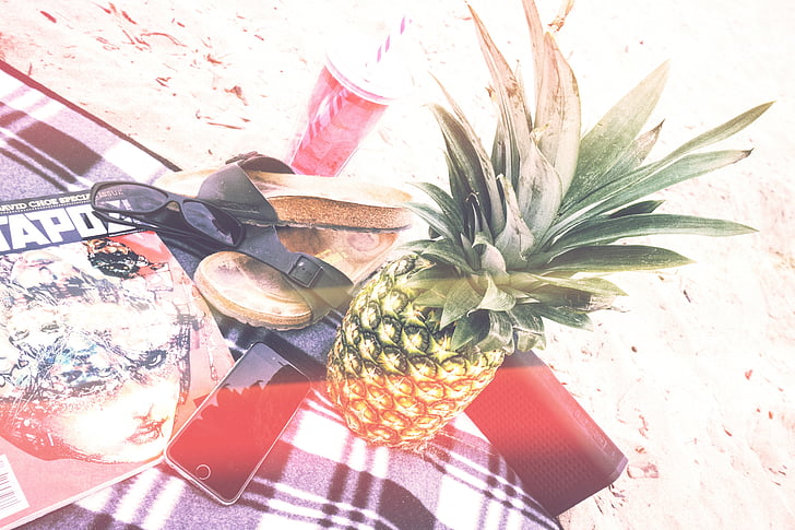 picnic, beach, pineapple, glasses, shoes, drink, equipment