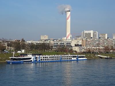 staden, Rhen, Basel, Bank, Panorama, fartyg, kryssningsfartyg