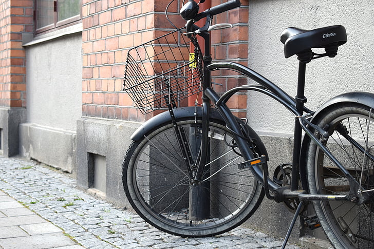 black, cycle, brick, spokes, wheel, basket, bikes