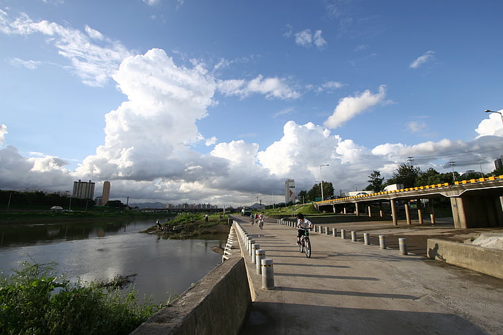 mrak, obloha, bílá, Most - člověče strukturu, řeka, venku
