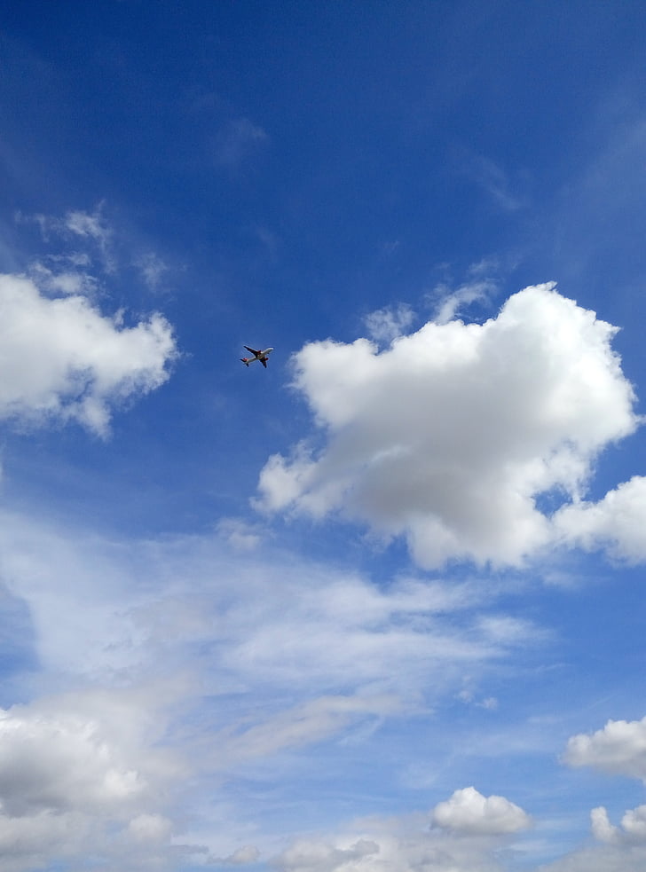 lentokone, sininen taivas, pilvet, taivas, Flying, Cloud - sky, sininen