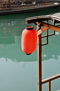rød lanterne, søen, skib, Kina, rød papir lanterner