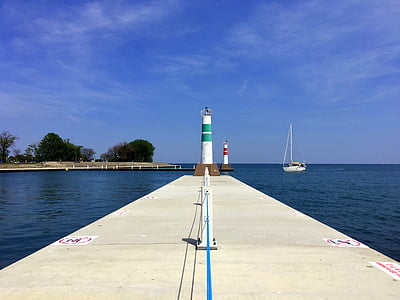 lake, lighthouse, sailboat, boat, water, sky, scenic