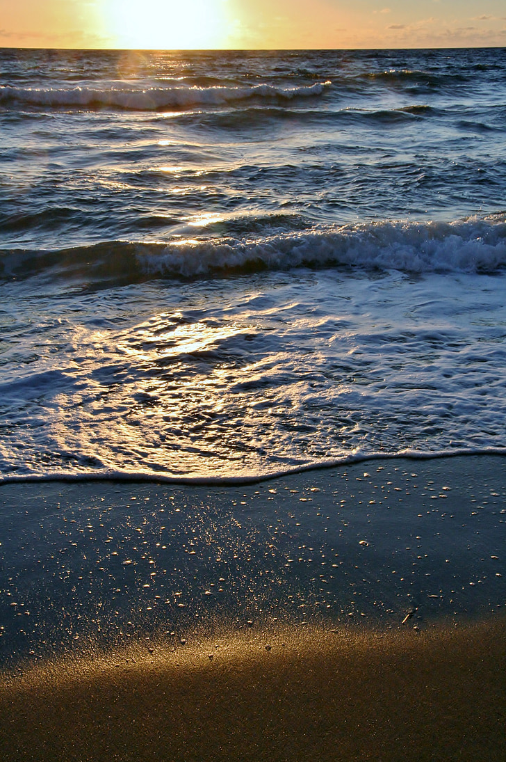 saullēkts, okeāns, pludmale, debesis, saule, no rīta, rītausma
