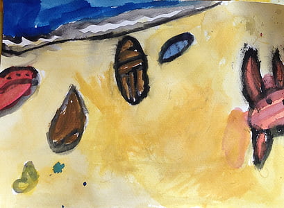 Acuarela, Playa, cáscaras de, dibujo, niños, pintura, multi coloreada