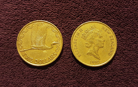 kolikot, dollaria, kaksi dollar coin, kultakolikoita, Uusi-Seelanti valuutta, valuutta, rahaa