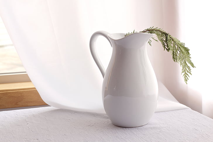 green, leaf, white, ceramic, pitcher, near, window