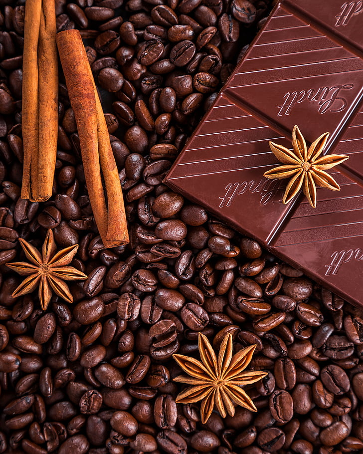 coffee, chocolate, cinnamon, anise, star anise, grain, closeup