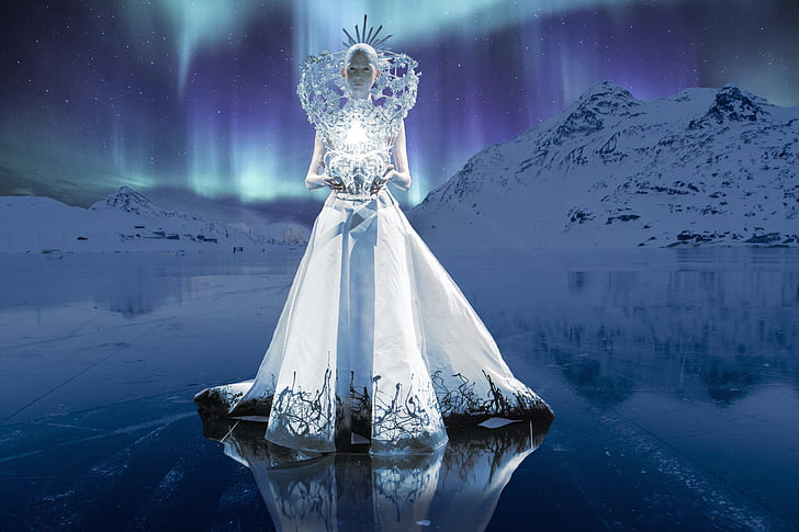 queen, ice, northern lights, light, north pole, greenland, dress