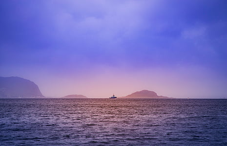 Dawn, ostrov, oceán, Já?, přímořská krajina, loď, silueta