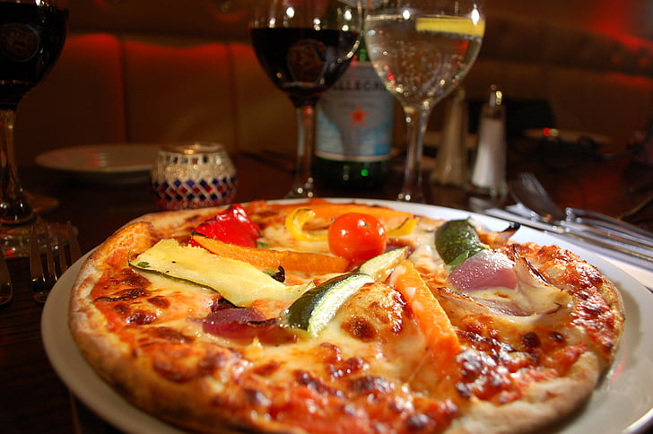 pizza, wine, dinner, food and wine, cooking, food, restaurant