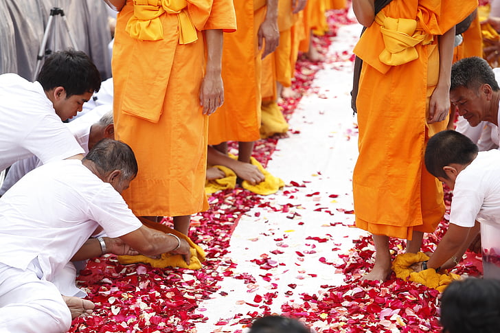 budistas, monjes, a pie, tradición, ceremonia de, Tailandia, Tailandés