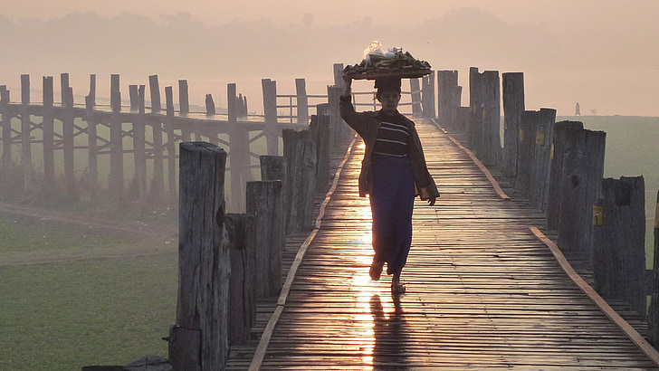 u bein híd, Mandalay, Mianmar, híd, Hajnal, személy, gyaloglás