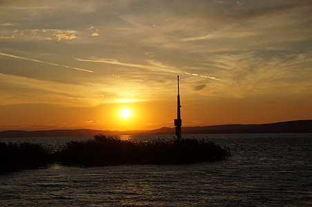 tó, Balaton, világítótorony, Twilight, naplemente, esti égen