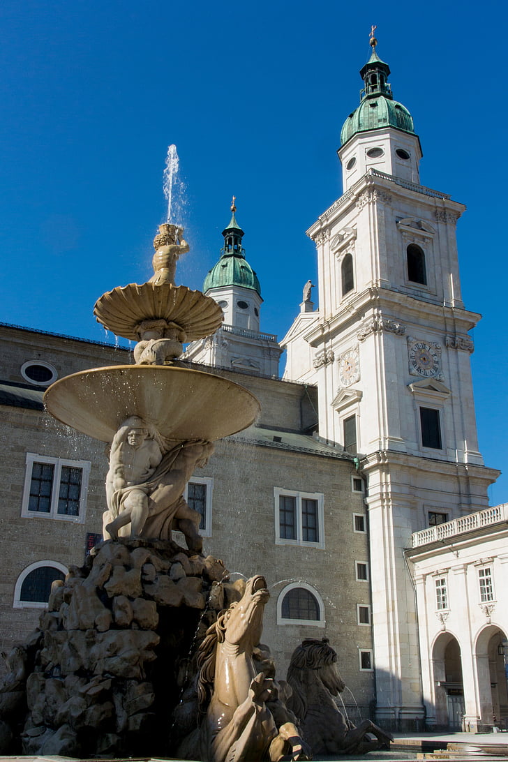 Salzburg, fonte de residência, Residenzplatz, Áustria, Figura de pedra, cidade velha, Dom