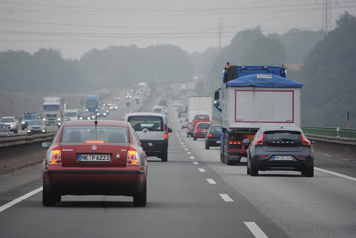 lái xe trường, lái xe, đường phố, đường cao tốc, Đức, lưu lượng truy cập, sương mù