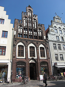 stadtbiliothek, Rostock, Liga Hanseática, cidade de Hanseatic, Mar Báltico, Meclemburgo Pomerânia Ocidental, fachada