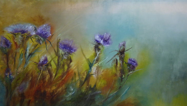 thistles, oil, fabric, painting, painted Image, backgrounds, nature