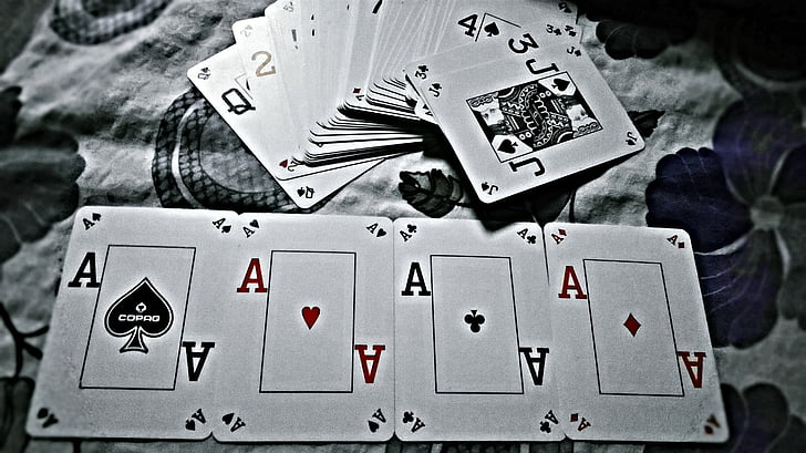 dört, oynarken, kartı, As, Beyaz, siyah, çiçek