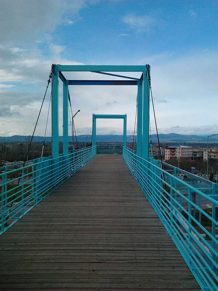 blue, pedestrian, gateway, bridge - Man Made Structure, suspension Bridge