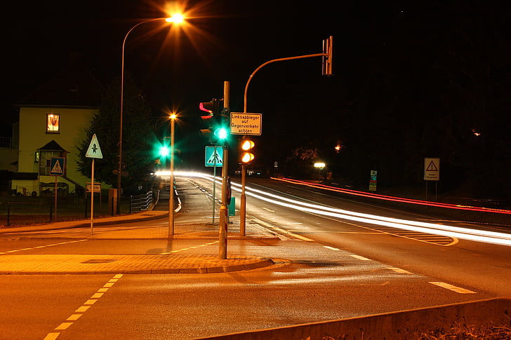 път, светлини, трафик, нощ, осветление, продължително излагане, асфалт