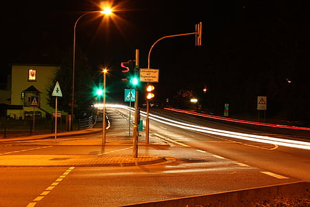 carretera, luces, tráfico, noche, iluminación, larga exposición, asfalto
