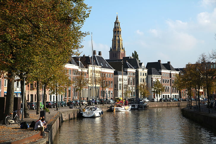 Groningen, csónakok, építészet, város, holland, Hollandia, régi