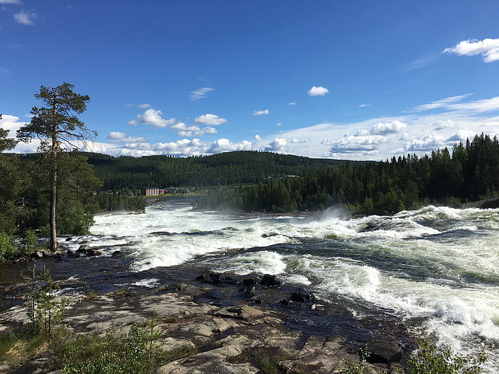 น้ำตก, สวีเดน, ธรรมชาติ, แม่น้ำ, น้ำ, ต้นไม้, ร็อค