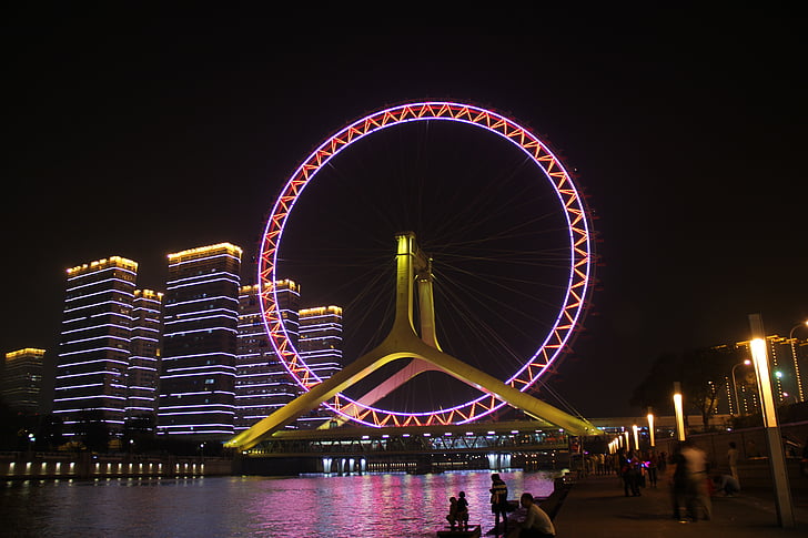 ferris wheel, Tianjin, naksnīgajām debesīm, naktī