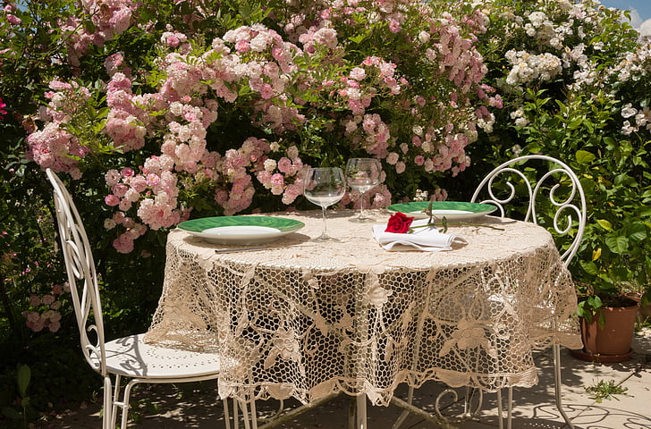 таблица, лято, покана, покривка за маса, релаксация, рози, слънце