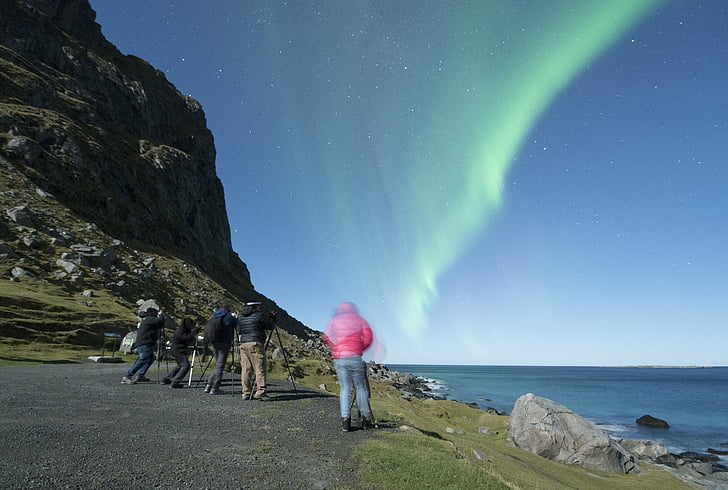 Aurora borealis, Lofoten, Norvégia, éjszaka, Beach, Costa, téli