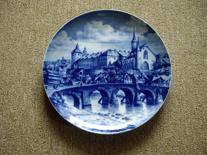 decorative plate, blue, porcelain, plate