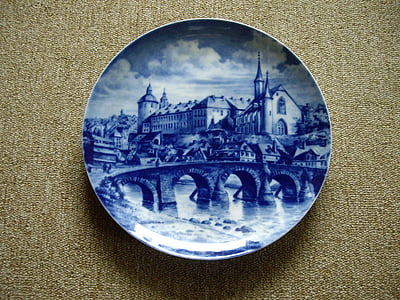 Assiette décorative, bleu, porcelaine, plaque