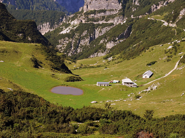 Lac, Prato, maisons, refuge, vert, montagne, Trentin