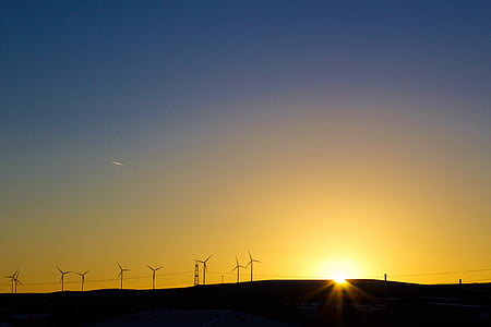 sunset, windmill, landscape, sky, sun, energy, power