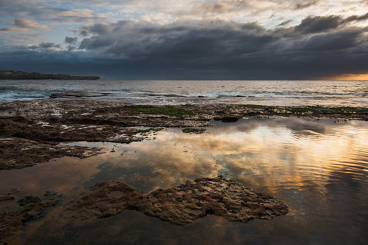 seascape, sydney, australia, sunrise, rocks, reflection, orange