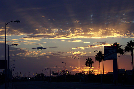 aircraft, sunset, los angeles, lax, dusk, evening, silhouette