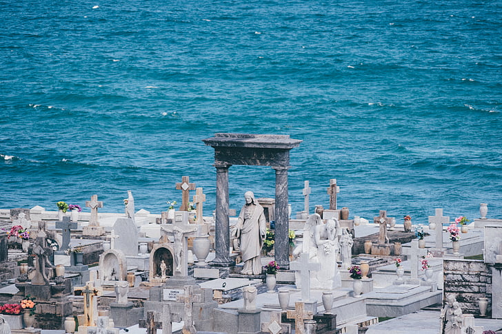 cemetery, near, ocean, daytime, city, travel, water