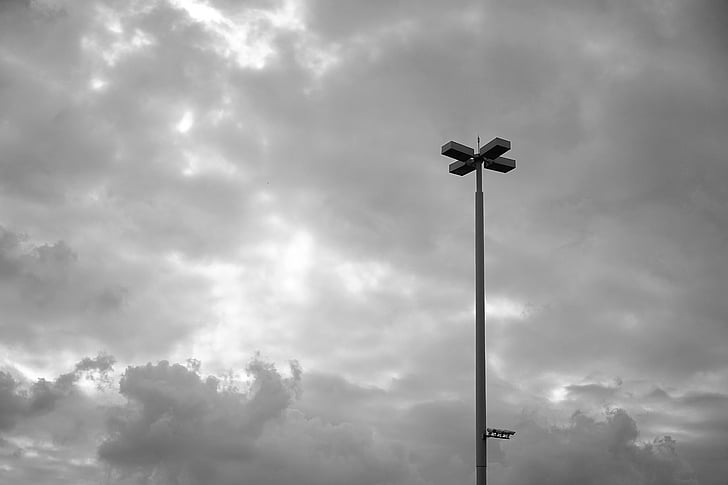 cloud, black and white, sky, street lamp