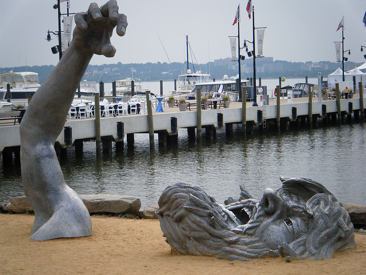 drowning, man, sculpture, sand, water, arts