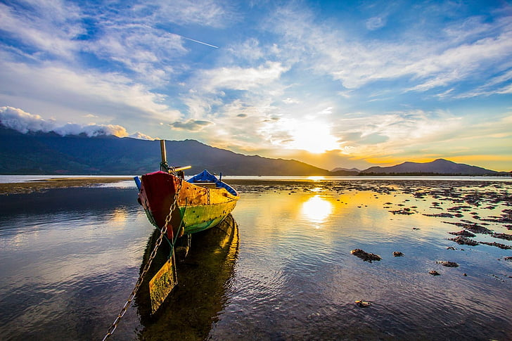 Sonnenuntergang, das Boot, Vietnam, Welle, die Sonne, die single, Frieden